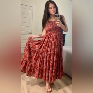 JENS PIRATE BOOTY smocked red floral rose tiered maxi/midi dress size medium